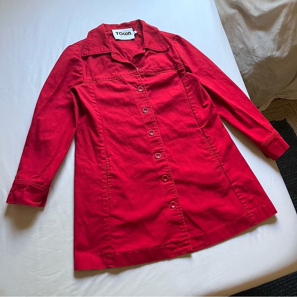 TOWN CLOTHES red denim canvas button up long sleeve mid thigh jacket